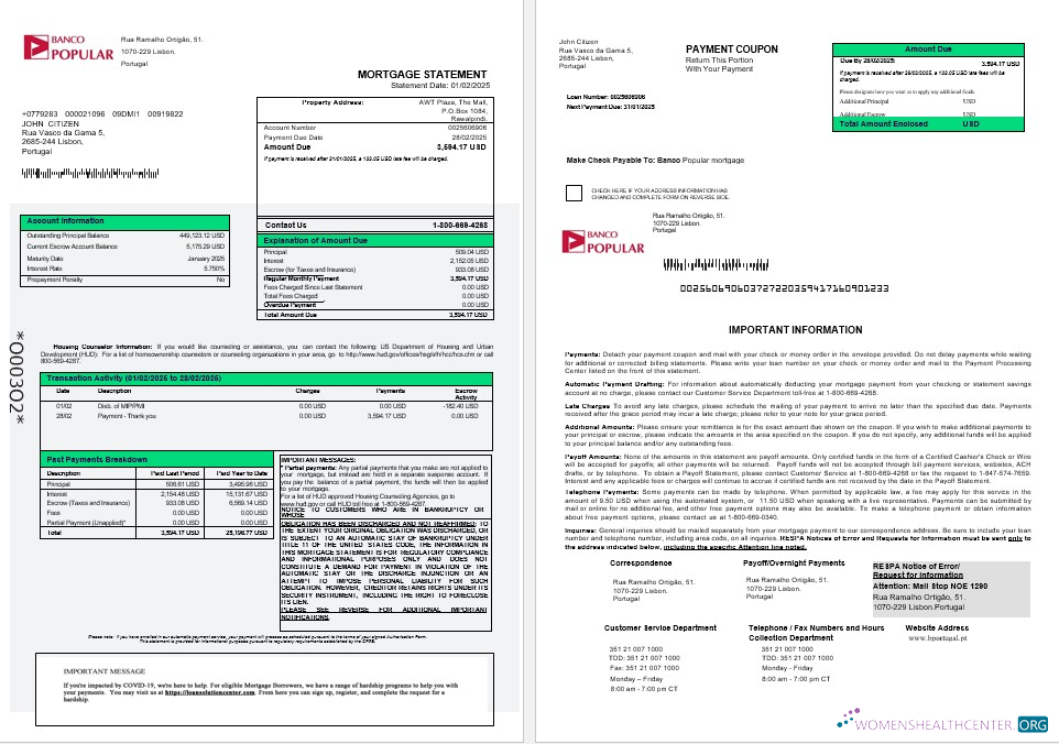 Download Portugal Banco Popular mortgage statement in Word and PDF formats 1 2 Photoshop template
